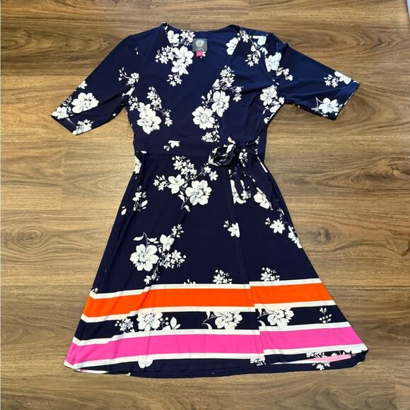 VINCE CAMUTO Dress Size 8 Floral Wrap Navy Blue Short Sleeve V-Neck Stretchy Tie - Picture 4 of 8